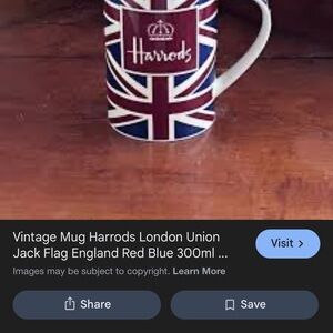 Harrods Union Jack Mug in Red, Blue & White inside stains outside euc
